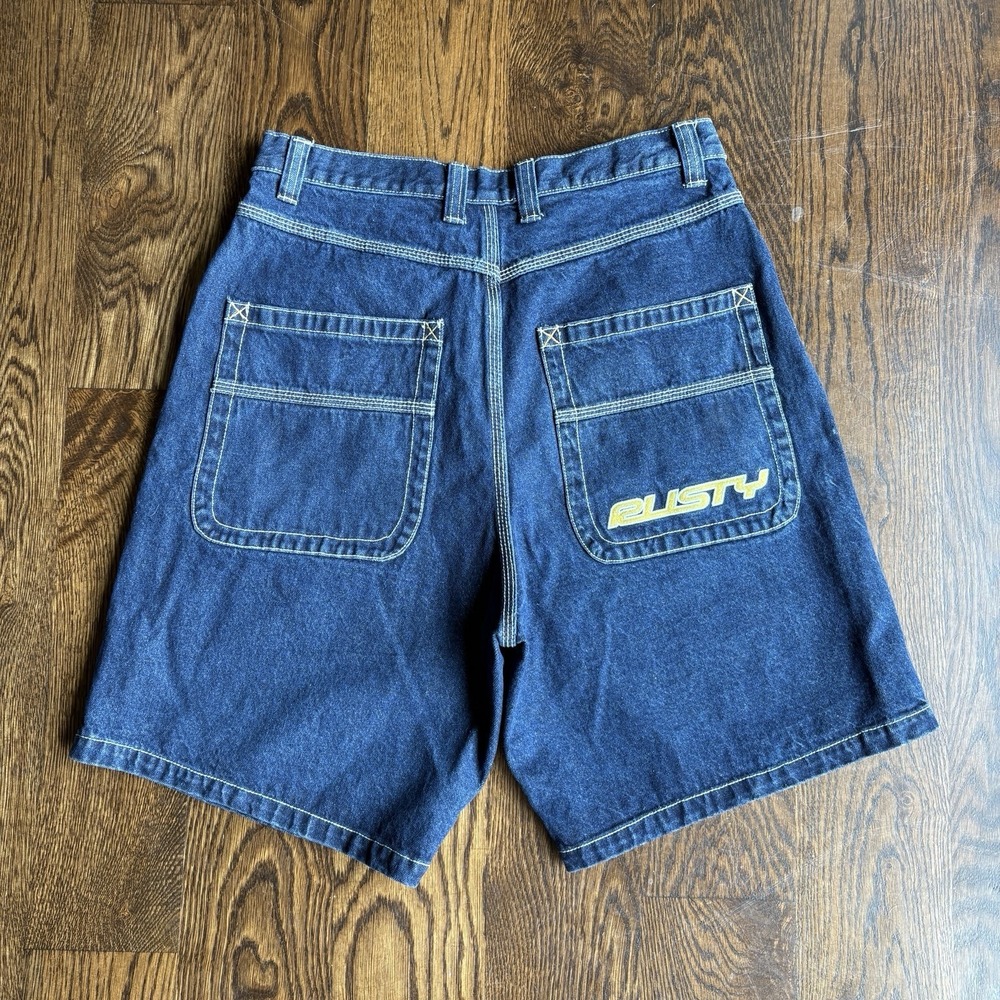 Y2K 00's Rusty Denim Jorts Baggy Skate Shorts Mens L Blue Yellow Contrast Stitch